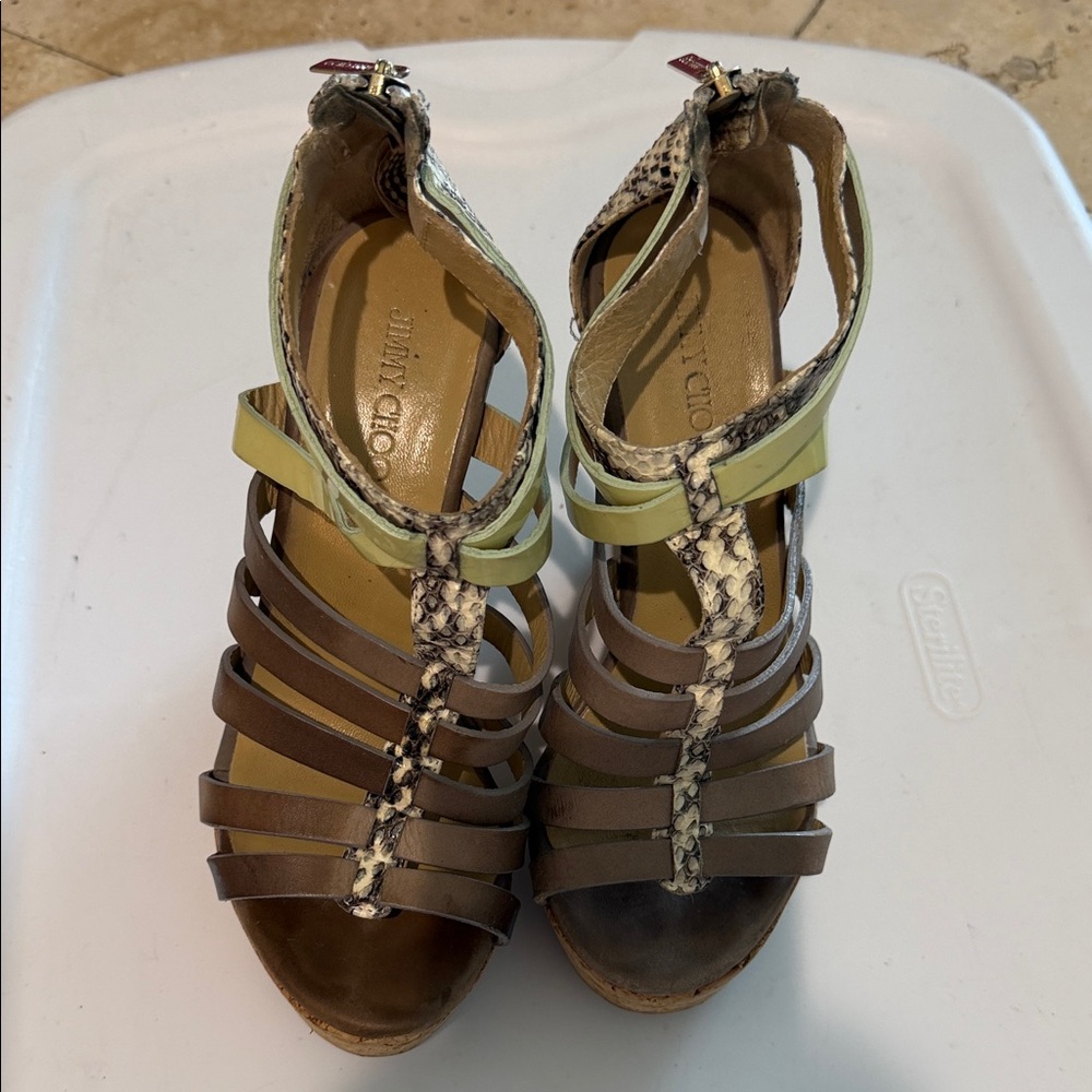 Jimmy Choo Brown Strappy Sandals with Lime and Snakeskin Trim